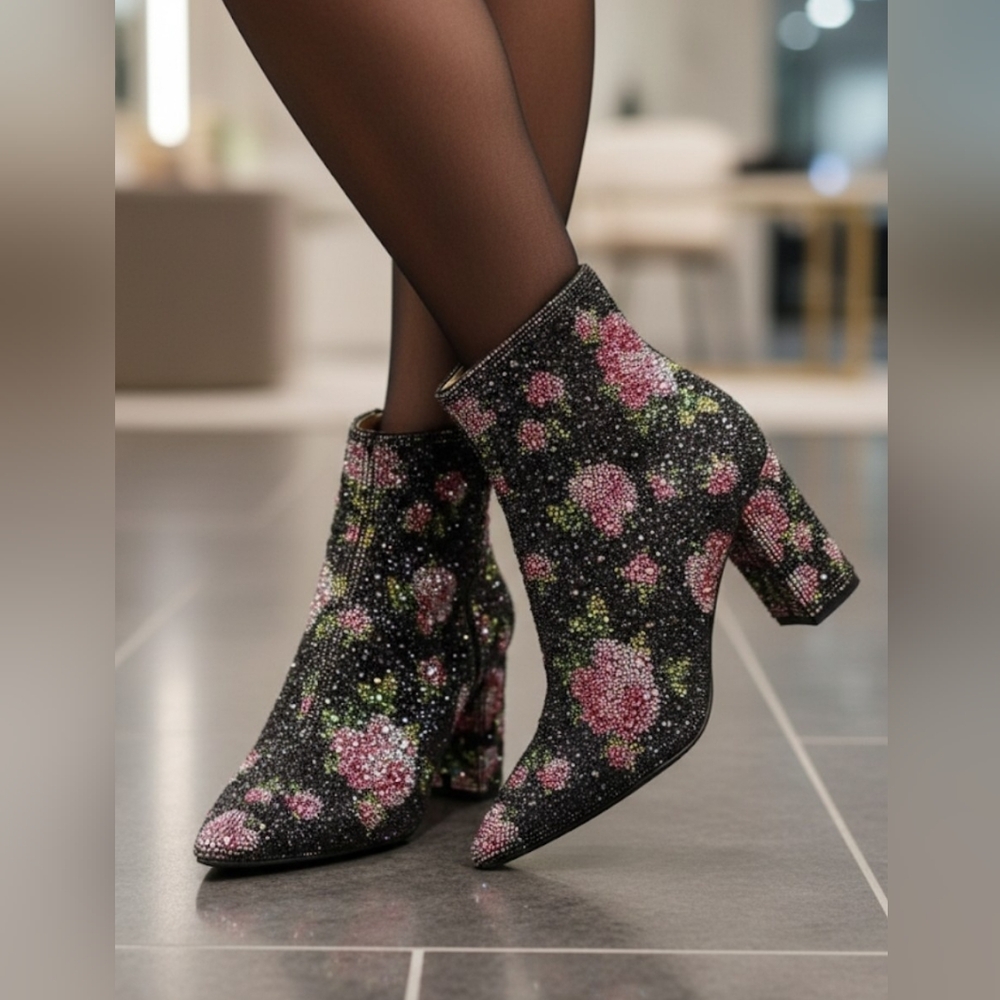 Betsey Johnson SB-CADY Floral Rhinestone Booties - Black/Pink - Size 7.5